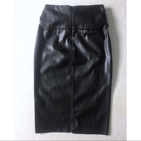 Zara Vegan Leather Pencil Skirt Womans XS Front Tie Waist Asymmetrical Faux Wrap - Picture 4 of 10